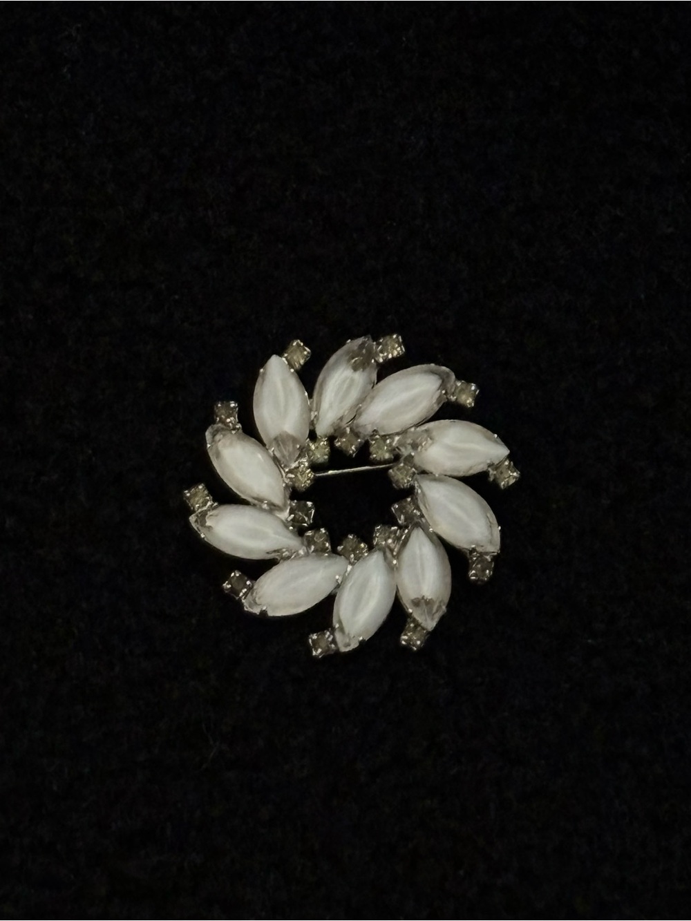 Vintage Keyes Rhinestone Wreath Brooch Milk Glass Marquise Cabochons